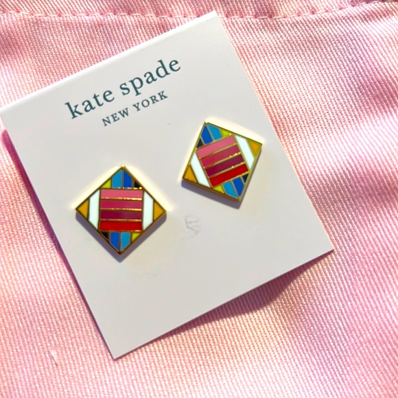 New Kate Spade Gold-Tone Multicolor Patchwork-Style Square Stud Earrings - Picture 6 of 7